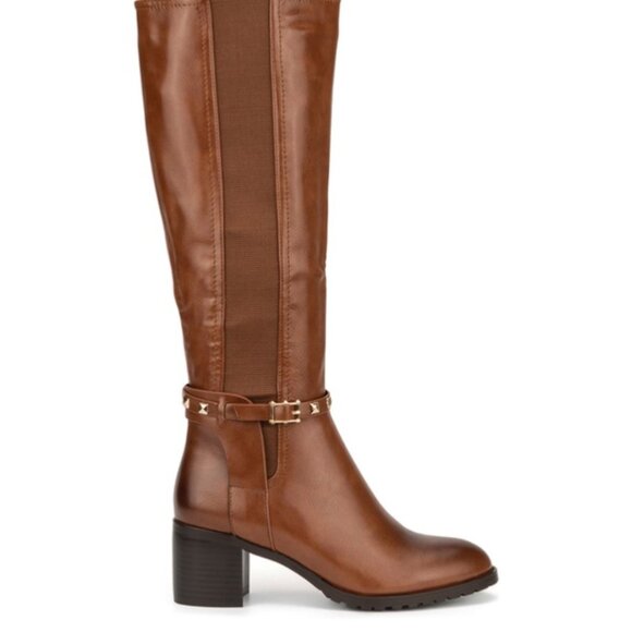 Torgies Womens 6 Cognac Brown Faux Leather Riding Boots With Gold Studded Strap - Picture 1 of 16